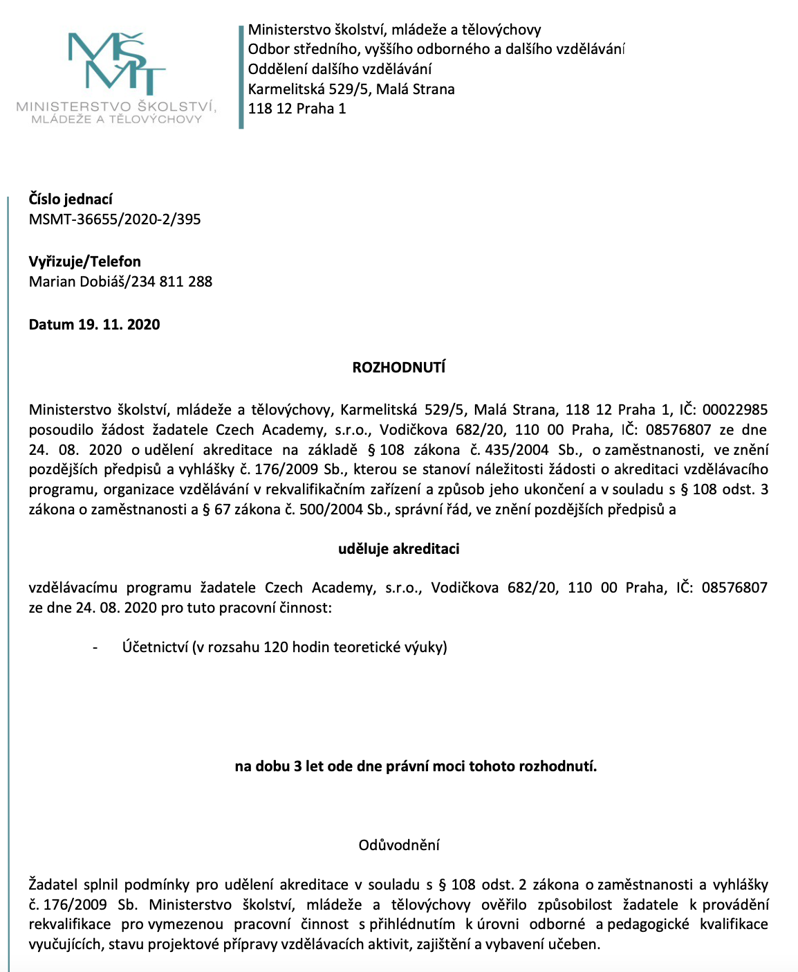 Účetnictví rekvalifikace - akreditace MŠMT