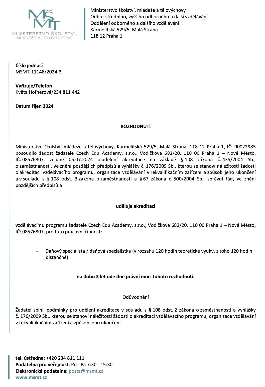 Daňový specialista - akreditace MŠMT
